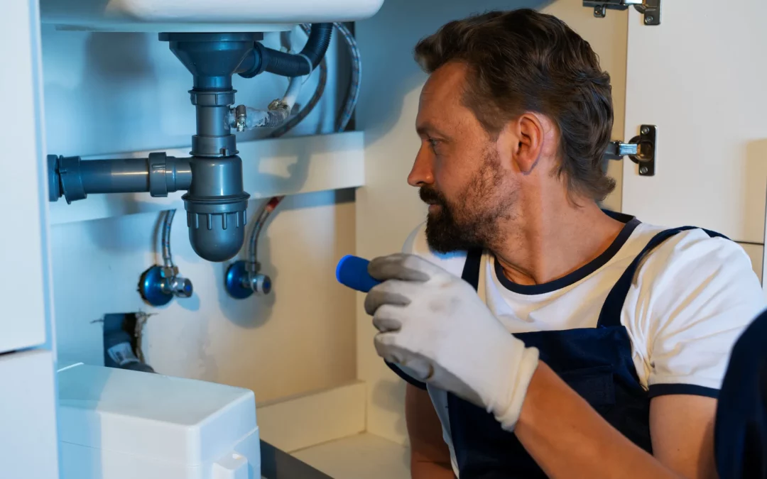 Plombier sous un lavabo